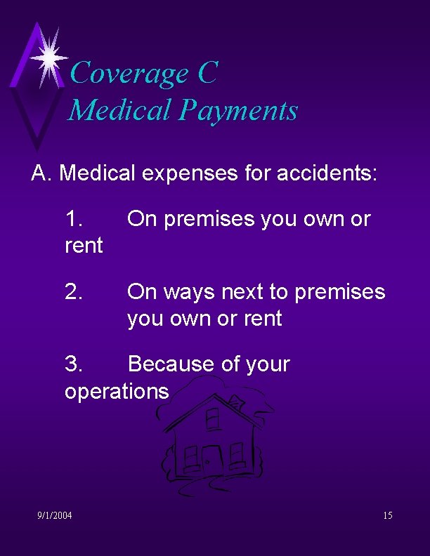 Coverage C Medical Payments A. Medical expenses for accidents: 1. rent On premises you