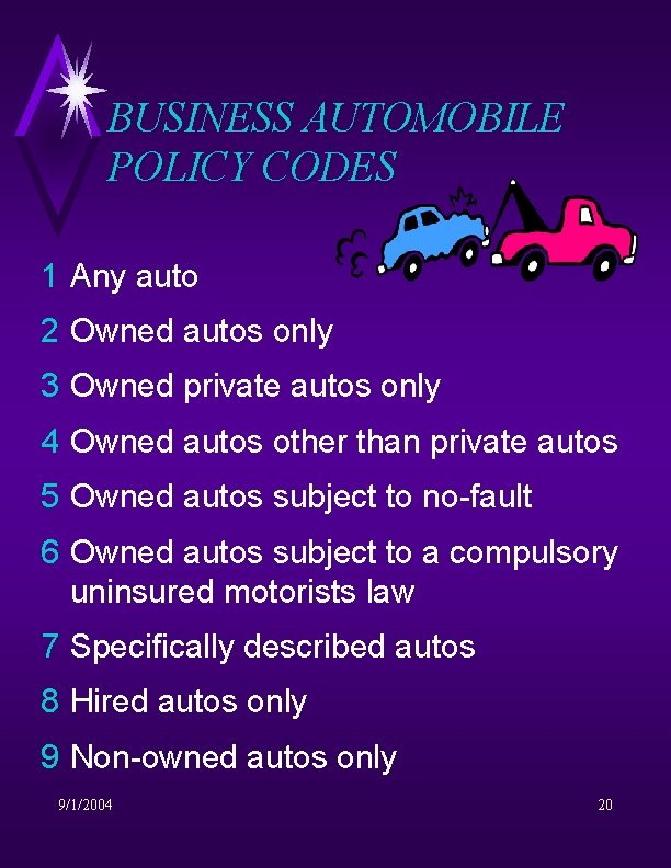 BUSINESS AUTOMOBILE POLICY CODES 1 Any auto 2 Owned autos only 3 Owned private