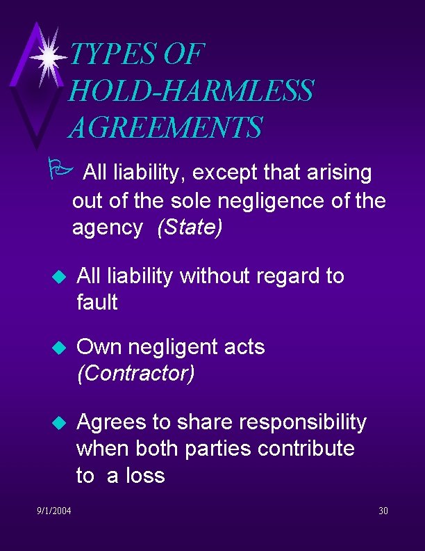 TYPES OF HOLD-HARMLESS AGREEMENTS All liability, except that arising out of the sole negligence