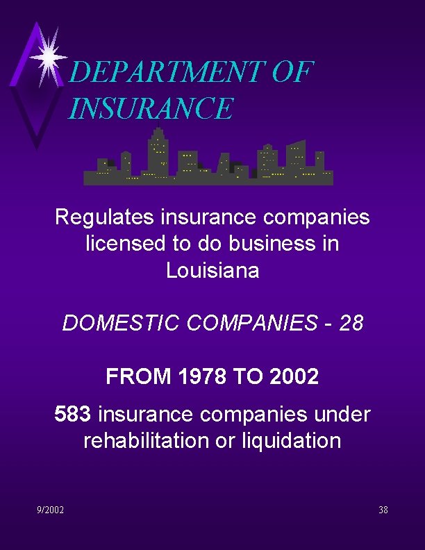 DEPARTMENT OF INSURANCE Regulates insurance companies licensed to do business in Louisiana DOMESTIC COMPANIES