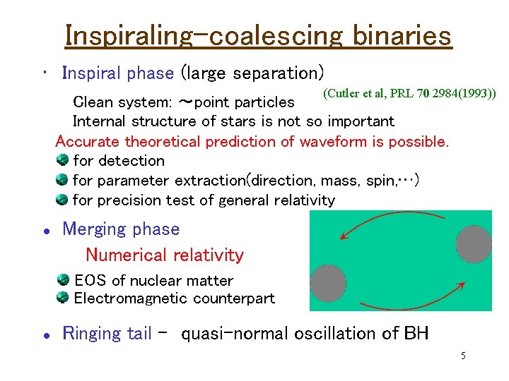 Inspiraling-coalescing binaries • Inspiral phase (large separation) (Cutler et al, PRL 70 2984(1993)) Clean