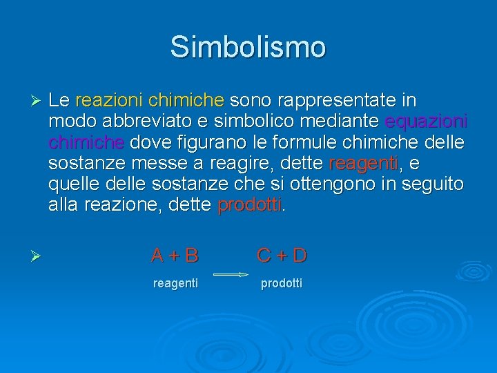 Simbolismo Ø Ø Le reazioni chimiche sono rappresentate in modo abbreviato e simbolico mediante