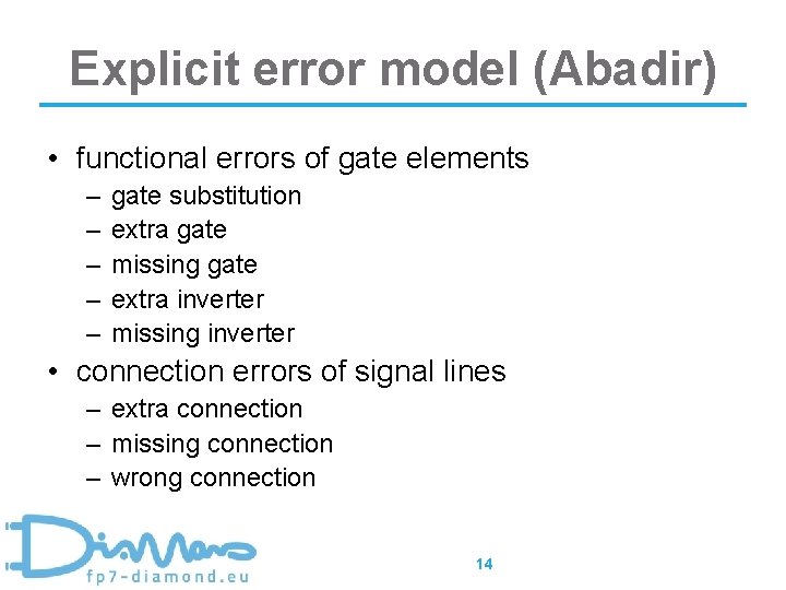 Explicit error model (Abadir) • functional errors of gate elements – – – gate