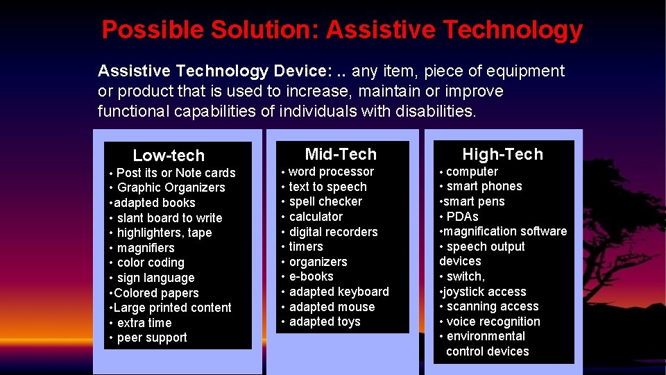 Possible Solution: Assistive Technology Device: . . any item, piece of equipment or product