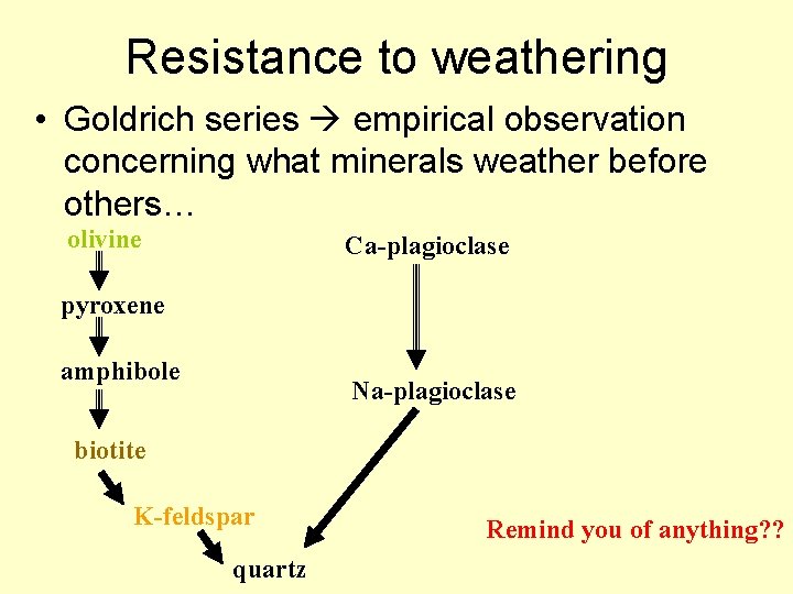 Resistance to weathering • Goldrich series empirical observation concerning what minerals weather before others…