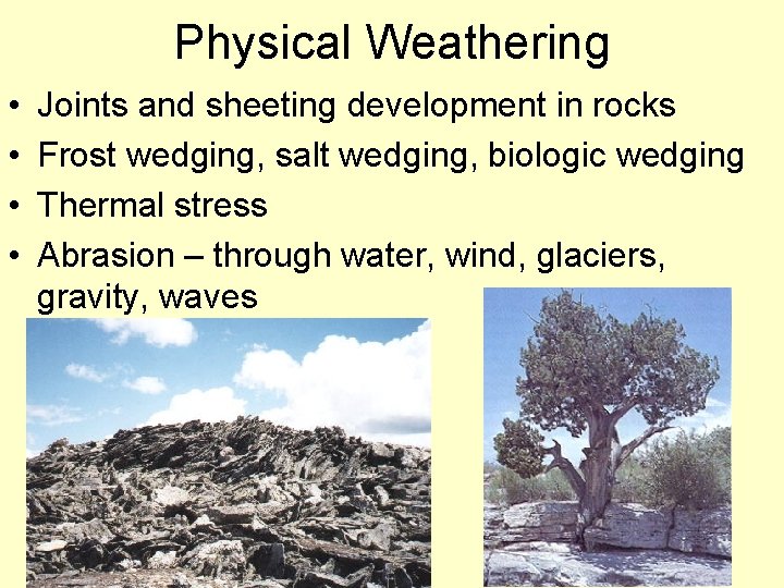 Physical Weathering • • Joints and sheeting development in rocks Frost wedging, salt wedging,