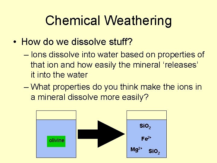 Chemical Weathering • How do we dissolve stuff? – Ions dissolve into water based