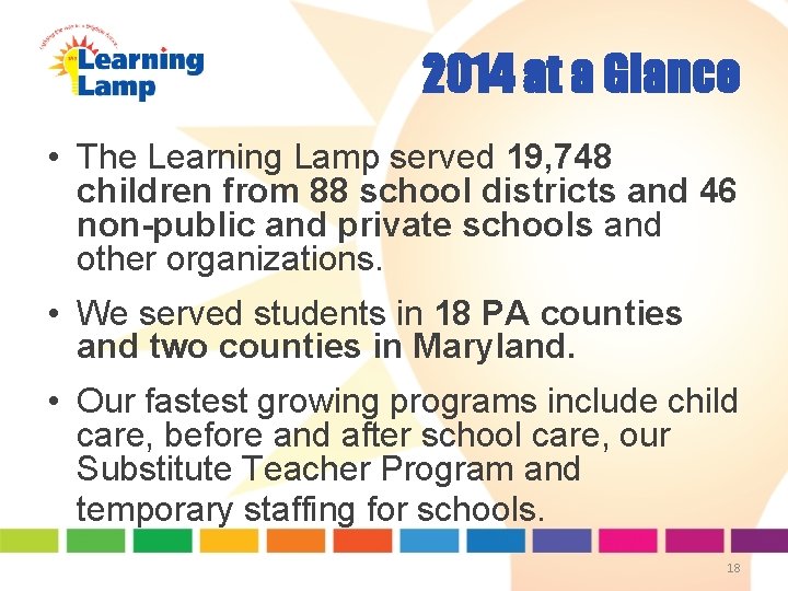 2014 at a Glance • The Learning Lamp served 19, 748 children from 88 2014 at a Glance • The Learning Lamp served 19, 748 children from 88