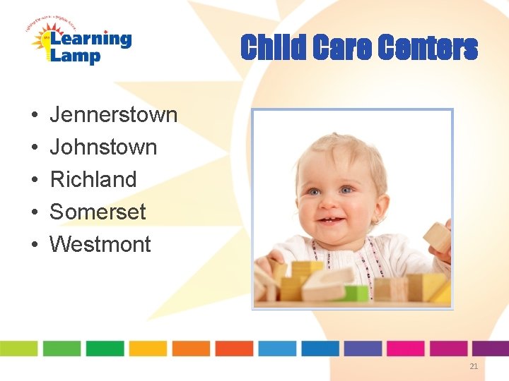 Child Care Centers • • • Jennerstown Johnstown Richland Somerset Westmont 21 Child Care Centers • • • Jennerstown Johnstown Richland Somerset Westmont 21