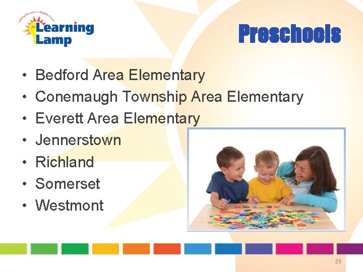 Preschools • • Bedford Area Elementary Conemaugh Township Area Elementary Everett Area Elementary Jennerstown Preschools • • Bedford Area Elementary Conemaugh Township Area Elementary Everett Area Elementary Jennerstown