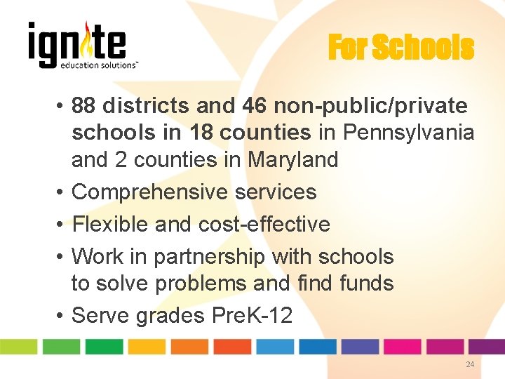 For Schools • 88 districts and 46 non-public/private schools in 18 counties in Pennsylvania For Schools • 88 districts and 46 non-public/private schools in 18 counties in Pennsylvania