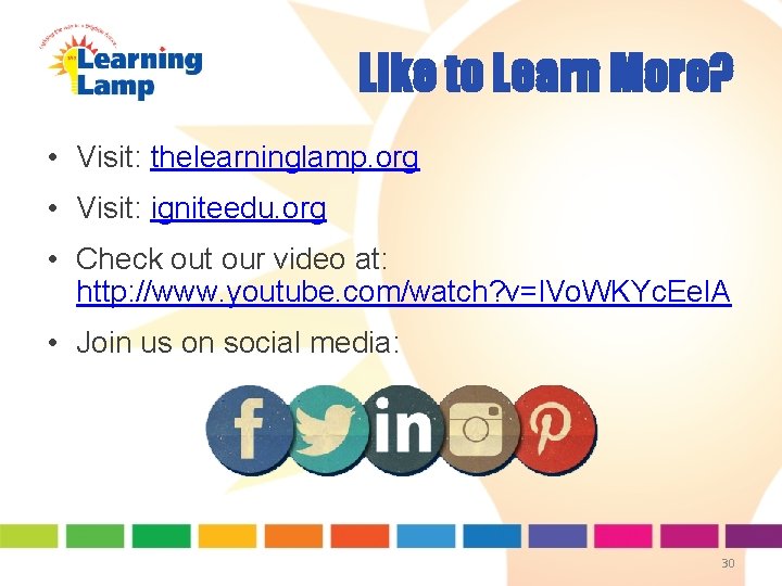 Like to Learn More? • Visit: thelearninglamp. org • Visit: igniteedu. org • Check Like to Learn More? • Visit: thelearninglamp. org • Visit: igniteedu. org • Check