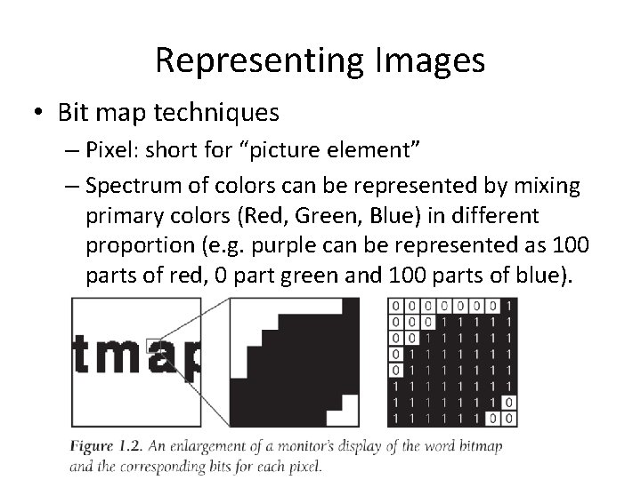 Representing Images • Bit map techniques – Pixel: short for “picture element” – Spectrum