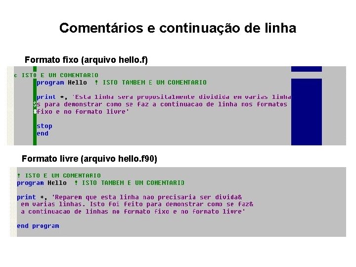 Comentários e continuação de linha Formato fixo (arquivo hello. f) Formato livre (arquivo hello. Comentários e continuação de linha Formato fixo (arquivo hello. f) Formato livre (arquivo hello.