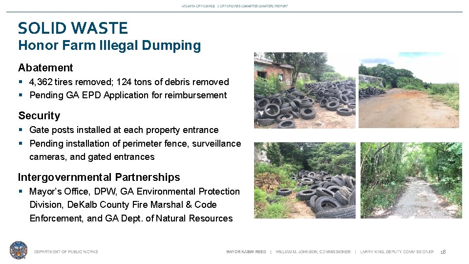 ATLANTA CITY COUNCIL | CITY UTILITIES COMMITTEE QUARTERLY REPORT SOLID WASTE Honor Farm Illegal