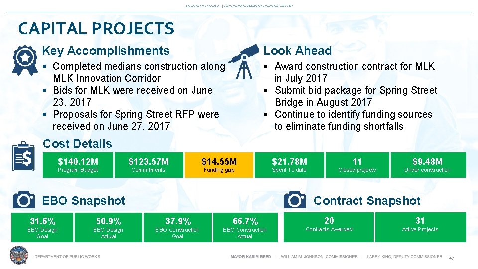ATLANTA CITY COUNCIL | CITY UTILITIES COMMITTEE QUARTERLY REPORT CAPITAL PROJECTS Key Accomplishments Look