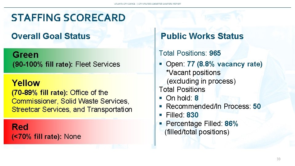 ATLANTA CITY COUNCIL | CITY UTILITIES COMMITTEE QUARTERLY REPORT STAFFING SCORECARD Overall Goal Status