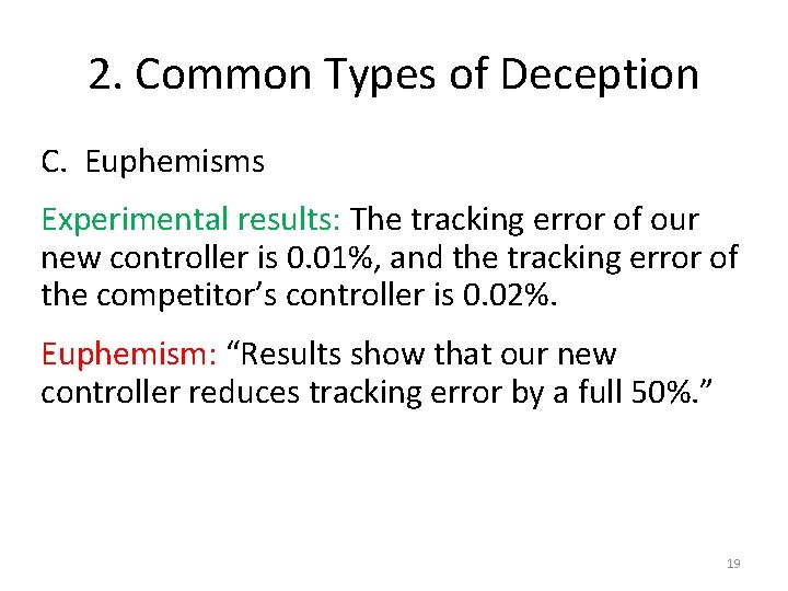 2. Common Types of Deception C. Euphemisms Experimental results: The tracking error of our 2. Common Types of Deception C. Euphemisms Experimental results: The tracking error of our