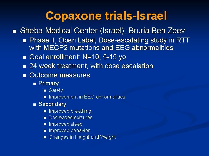 Copaxone trials-Israel n Sheba Medical Center (Israel), Bruria Ben Zeev n n Phase II,