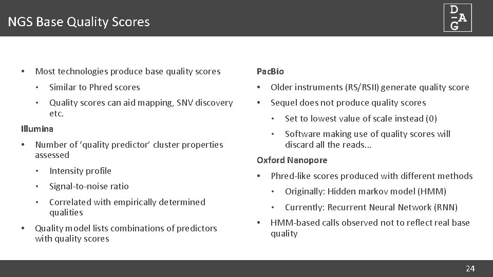 NGS Base Quality Scores • Most technologies produce base quality scores Pac. Bio •