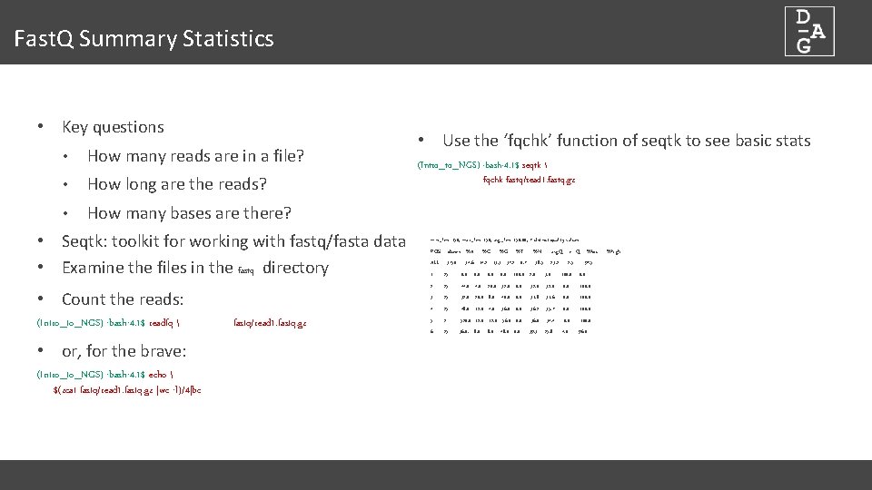 Fast. Q Summary Statistics • Key questions • How many reads are in a