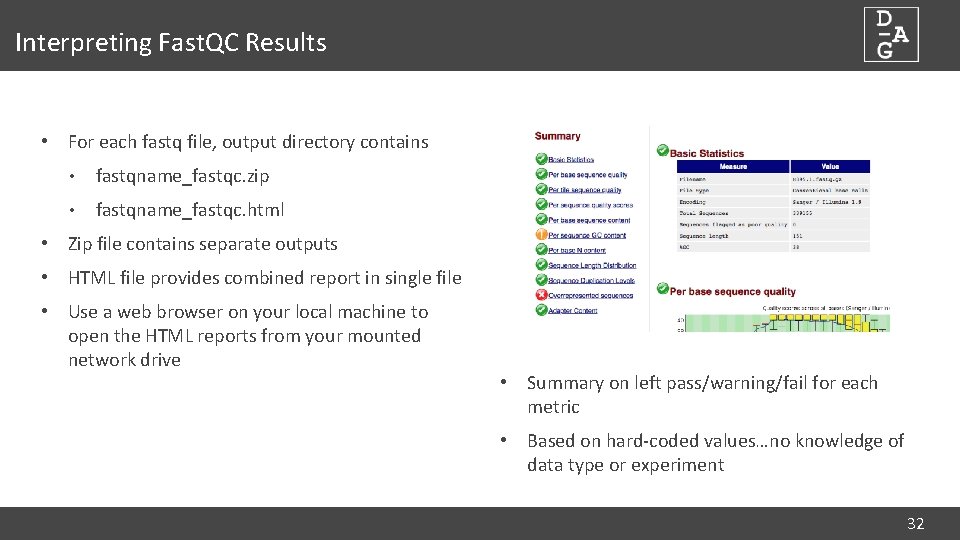 Interpreting Fast. QC Results • For each fastq file, output directory contains • fastqname_fastqc.