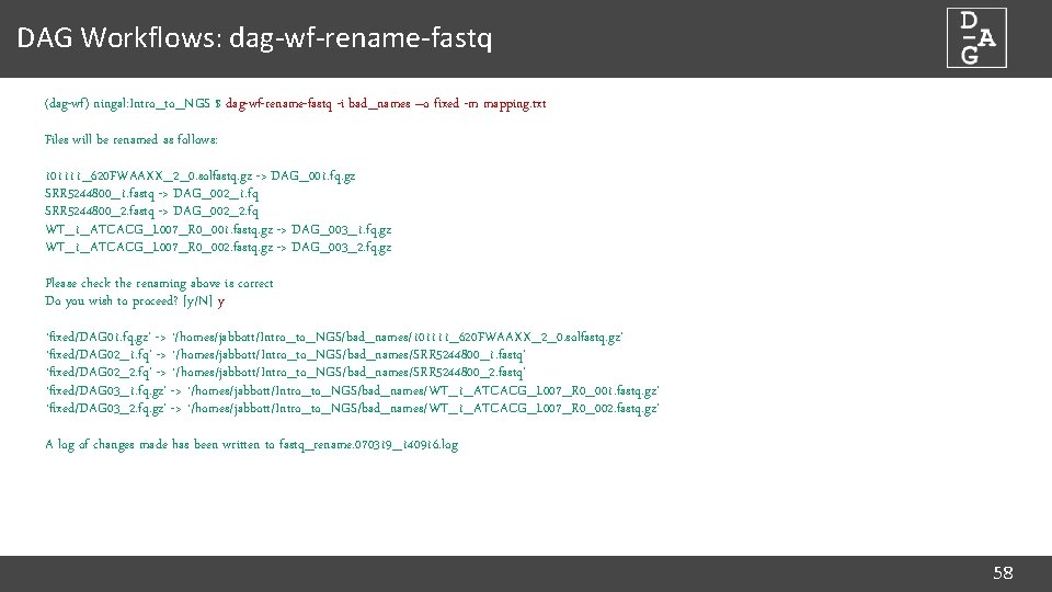 DAG Workflows: dag-wf-rename-fastq (dag-wf) ningal: Intro_to_NGS $ dag-wf-rename-fastq -i bad_names –o fixed -m mapping.