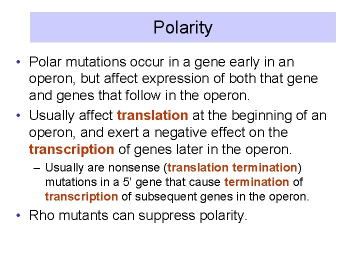 Polarity • Polar mutations occur in a gene early in an operon, but affect