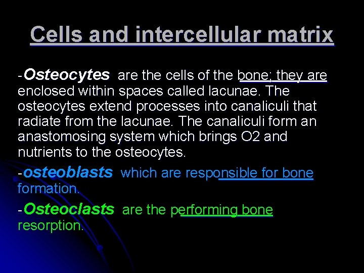 Cells and intercellular matrix -Osteocytes are the cells of the bone; they are enclosed