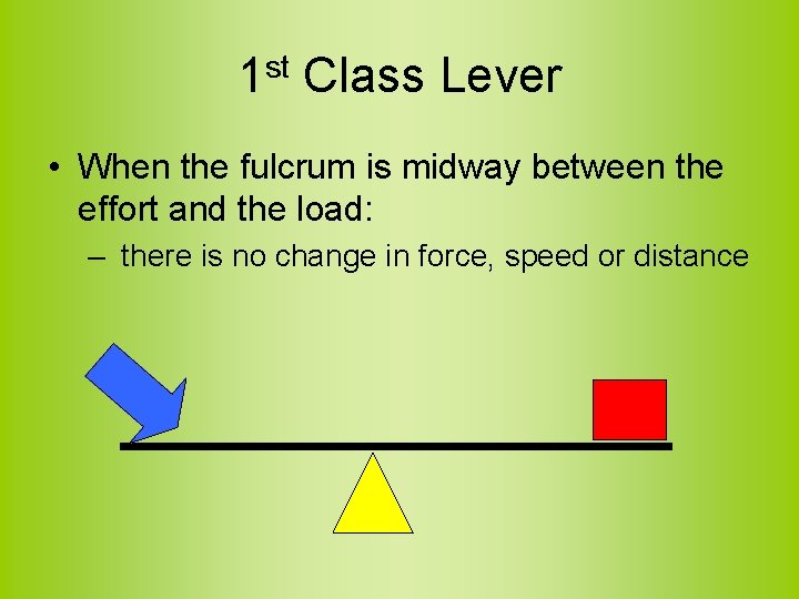 1 st Class Lever • When the fulcrum is midway between the effort and