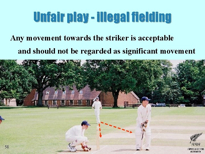 Unfair play - illegal fielding Any movement towards the striker is acceptable and should Unfair play - illegal fielding Any movement towards the striker is acceptable and should