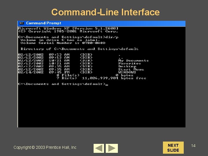Command-Line Interface Copyright © 2003 Prentice Hall, Inc NEXT SLIDE 14 