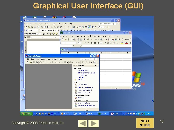 Graphical User Interface (GUI) Copyright © 2003 Prentice Hall, Inc NEXT SLIDE 15 