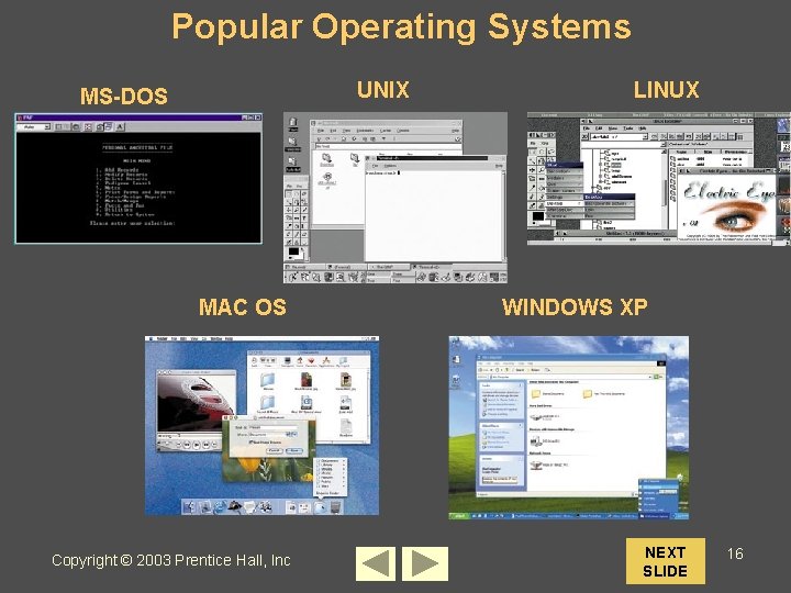 Popular Operating Systems UNIX MS-DOS MAC OS Copyright © 2003 Prentice Hall, Inc LINUX