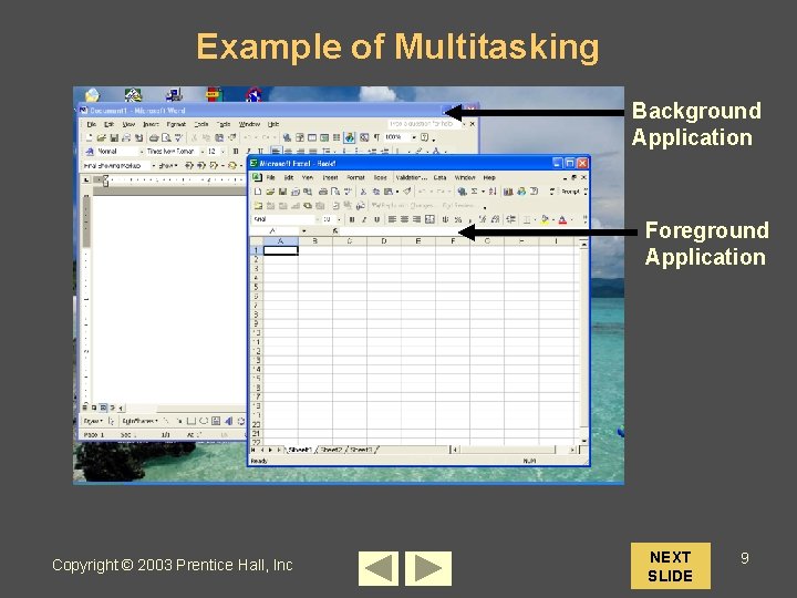 Example of Multitasking Background Application Foreground Application Copyright © 2003 Prentice Hall, Inc NEXT