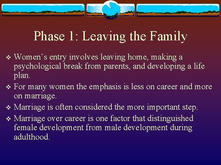 Phase 1: Leaving the Family Women’s entry involves leaving home, making a psychological break Phase 1: Leaving the Family Women’s entry involves leaving home, making a psychological break