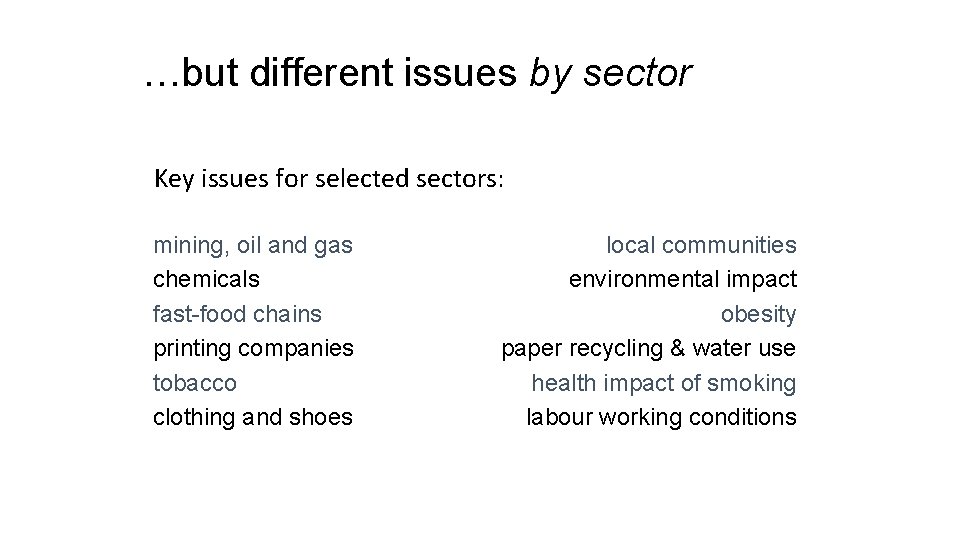 …but different issues by sector Key issues for selected sectors: mining, oil and gas
