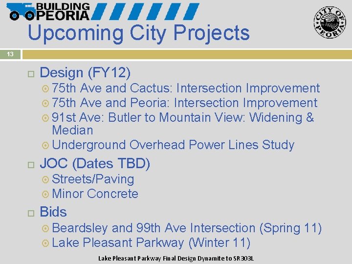 Upcoming City Projects 13 Design (FY 12) 75 th Ave and Cactus: Intersection Improvement