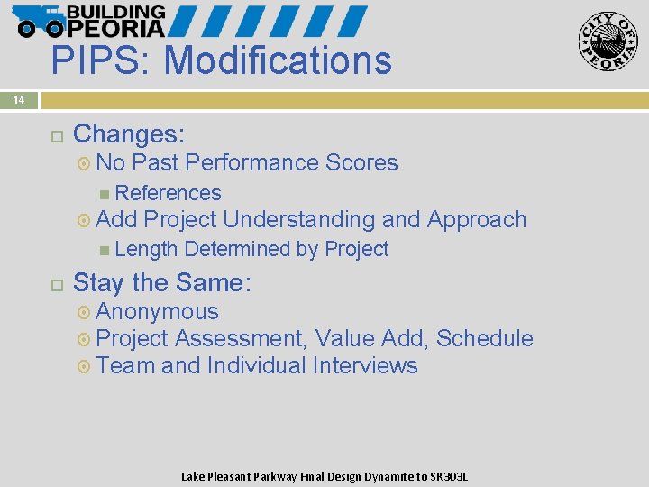 PIPS: Modifications 14 Changes: No Past Performance Scores References Add Project Understanding and Approach