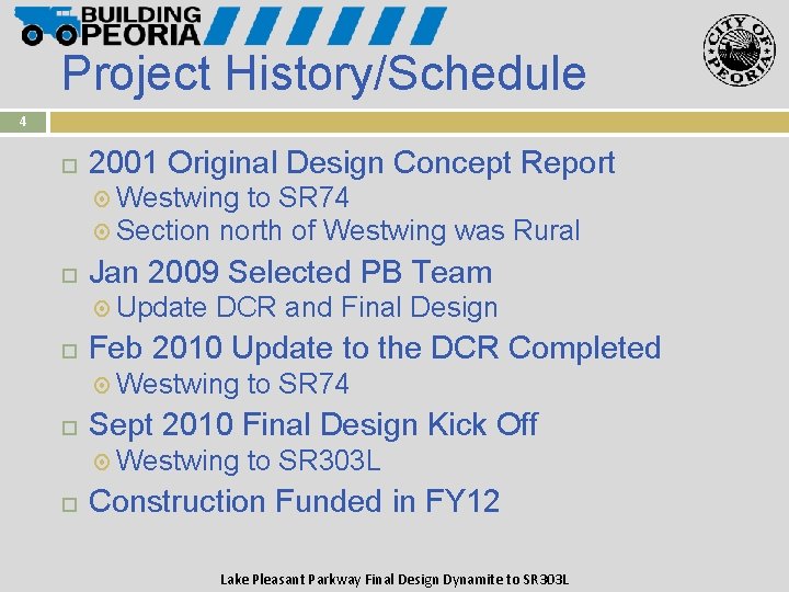 Project History/Schedule 4 2001 Original Design Concept Report Westwing to SR 74 Section north