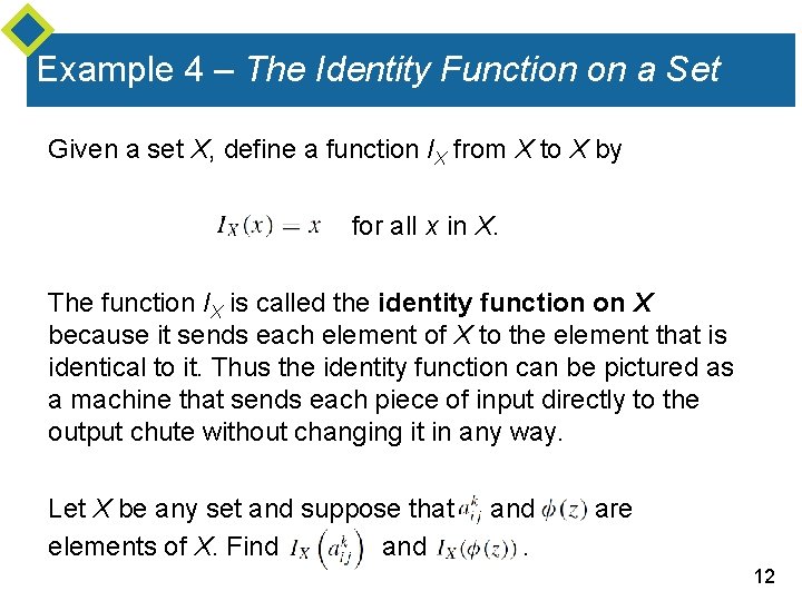 Example 4 – The Identity Function on a Set Given a set X, define