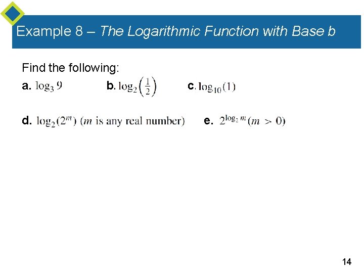 Example 8 – The Logarithmic Function with Base b Find the following: a. b.
