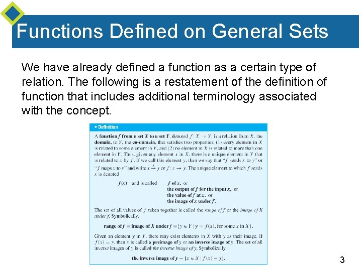 Functions Defined on General Sets We have already defined a function as a certain