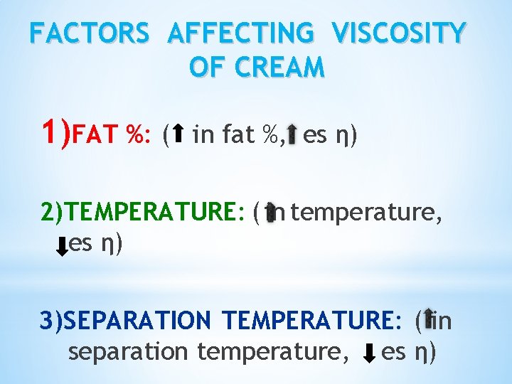 FACTORS AFFECTING VISCOSITY OF CREAM 1)FAT %: ( in fat %, es η) 2)TEMPERATURE: