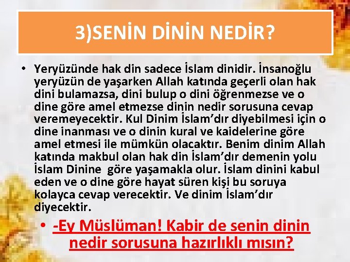 3)SENİN DİNİN NEDİR? • Yeryüzünde hak din sadece İslam dinidir. İnsanoğlu yeryüzün de yaşarken