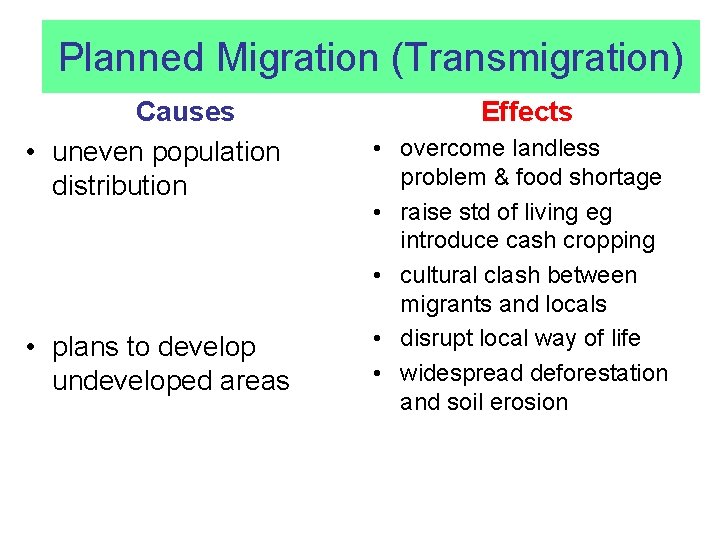 Planned Migration (Transmigration) Causes • uneven population distribution • plans to develop undeveloped areas