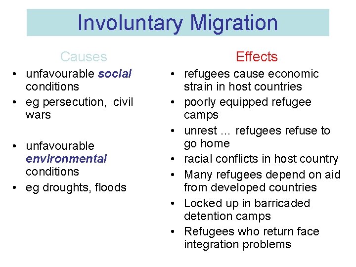 Involuntary Migration Causes • unfavourable social conditions • eg persecution, civil wars • unfavourable