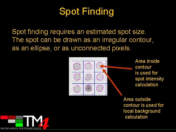 Spot Finding Spot finding requires an estimated spot size. The spot can be drawn