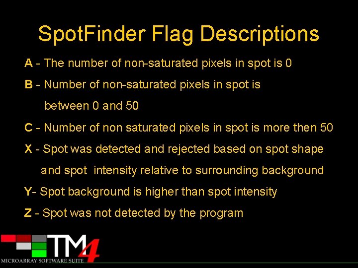 Spot. Finder Flag Descriptions A - The number of non-saturated pixels in spot is