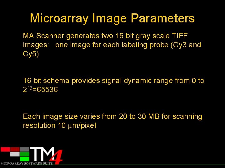 Microarray Image Parameters MA Scanner generates two 16 bit gray scale TIFF images: one